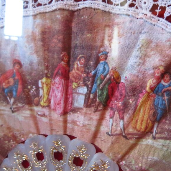 Collectable Vintage Hand Painted Hand Fan Framed red velvet lace lover scene - Picture 11 of 11